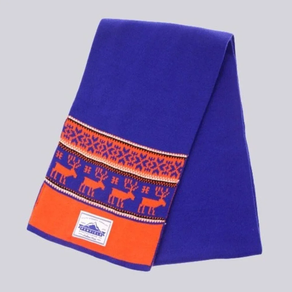 PENFIELD Nordic Deer Design Knit Winter Scarf Logo Cobalt Blue Orange‎